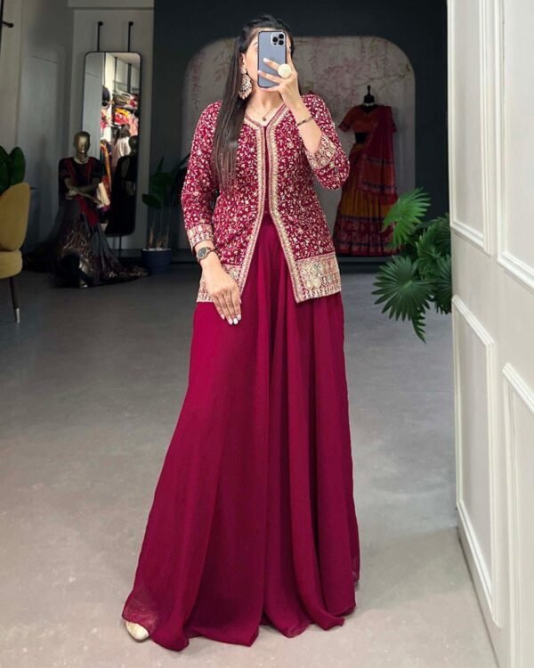 0.7_e2fb18dd-a6a2-4005-b652-19b53eb1040f-1.jpg Rani Pink Color Embroidery Work Georgette Plazo Suit