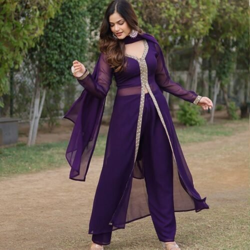 Western Designer Wine Color Georgette Three Piece Kurti Suit
