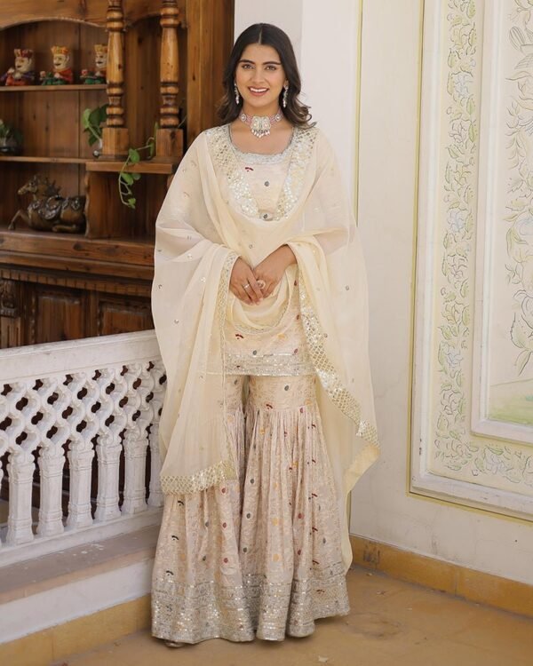 113_871437d7-6e54-4b45-8251-8198083b29f3-1.jpg Off-White Color Viscose Jacquard Three Piece Gharara Suit