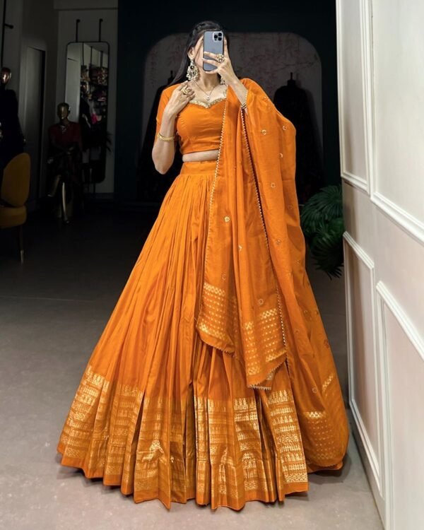 142_4f72f69c-f99c-4805-b322-c54c25f88083-1.jpg Yellow Color Pure Chanderi Plain Navratri Lehenga Choli