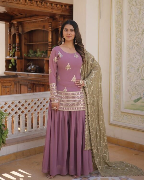 151_d0fa8de8-defe-4b94-84ba-41dea8fc77f5-1.jpg Beautiful Onion Color Georgette Three Piece Plazzo Suit