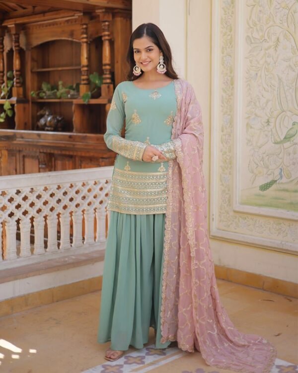 165_2d53da62-d606-47f0-9154-ed6feb7eba45-1.jpg Beautiful Bottle Green Color Georgette Three Piece Plazzo Suit