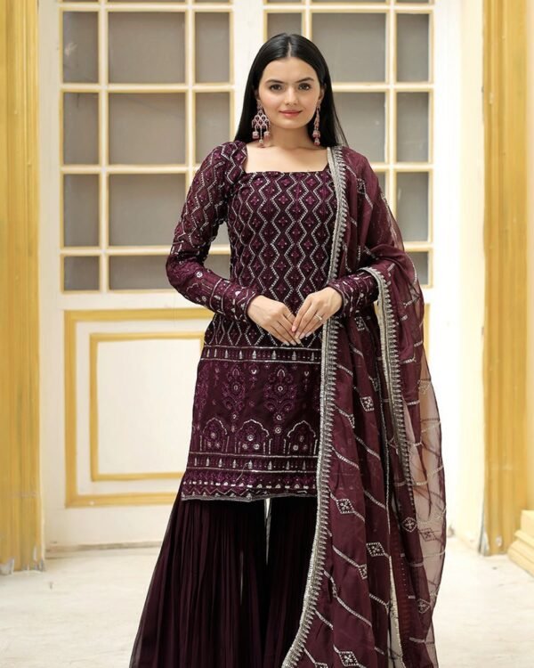 178_acbf9719-4365-49bf-80c8-e3e923ef7fa8-1.jpg Wine Color Three Piece Sharara Suit