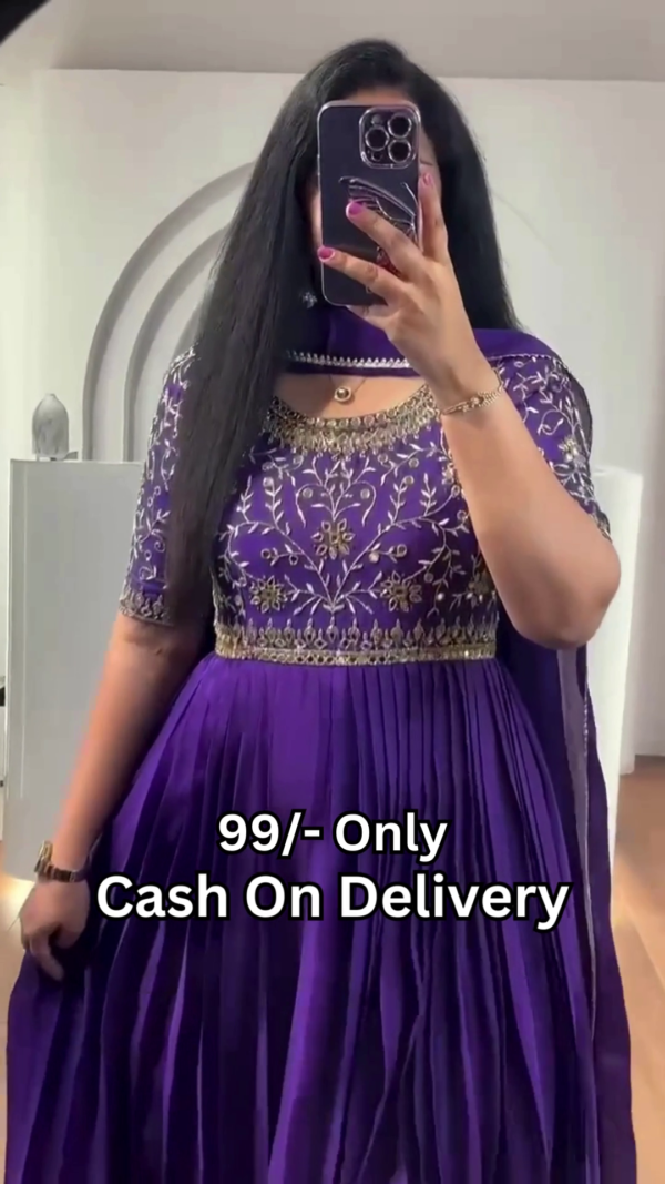 Royal Purple Pleated Anarkali Gown with Mirror Work