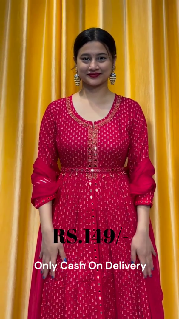 5029-2.png Crimson Polka-Dot Anarkali Gown with Embroidered Cinched Waist