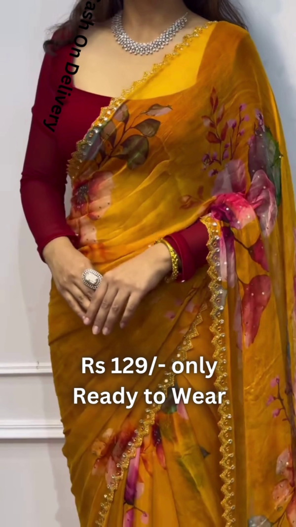 5039-1.png Golden Ochre Chiffon Saree with Painterly Floral Blooms